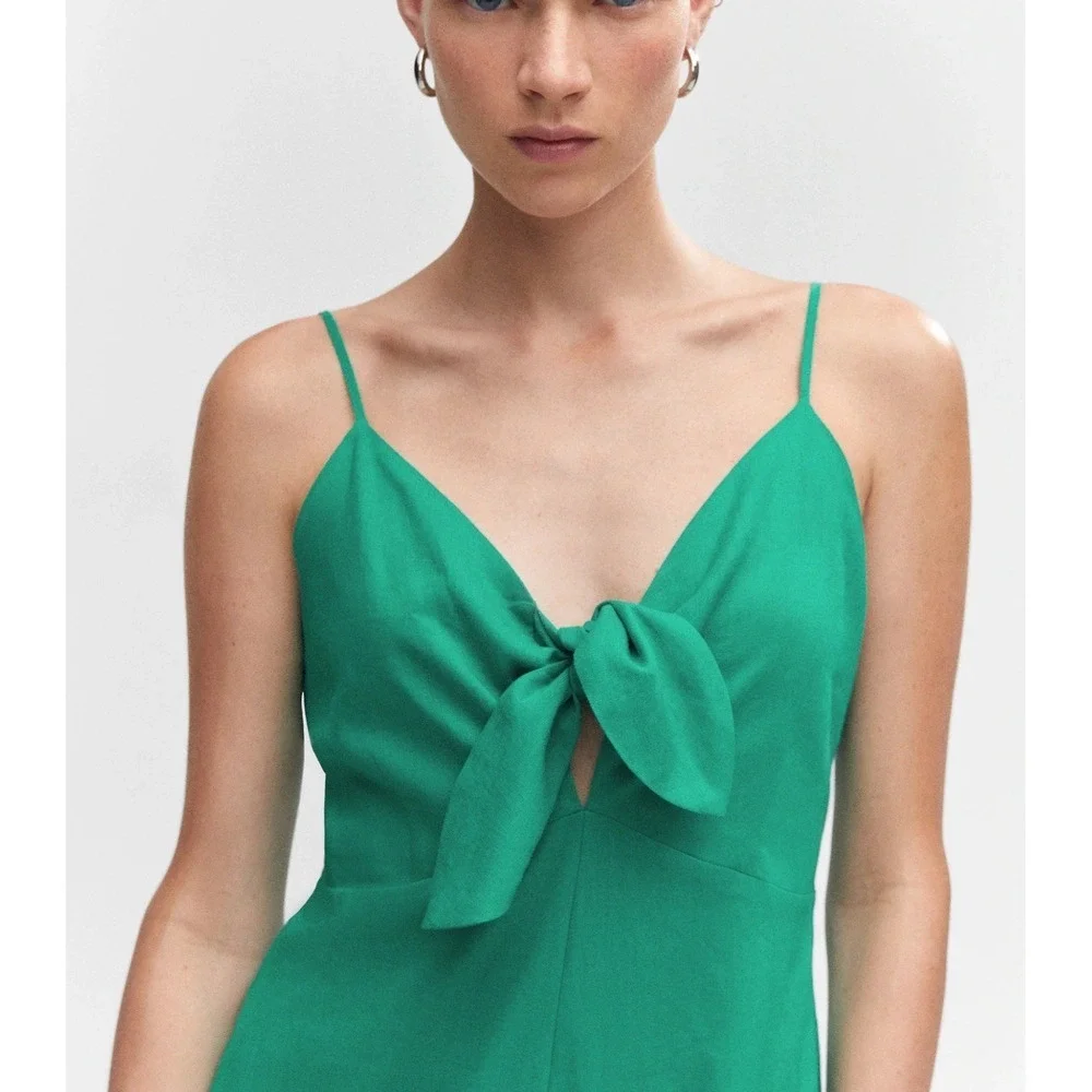 New MNG Mango Kelly Green Bow Linen Blend Jumpsuit Sz Medium (US) Tropical Beach